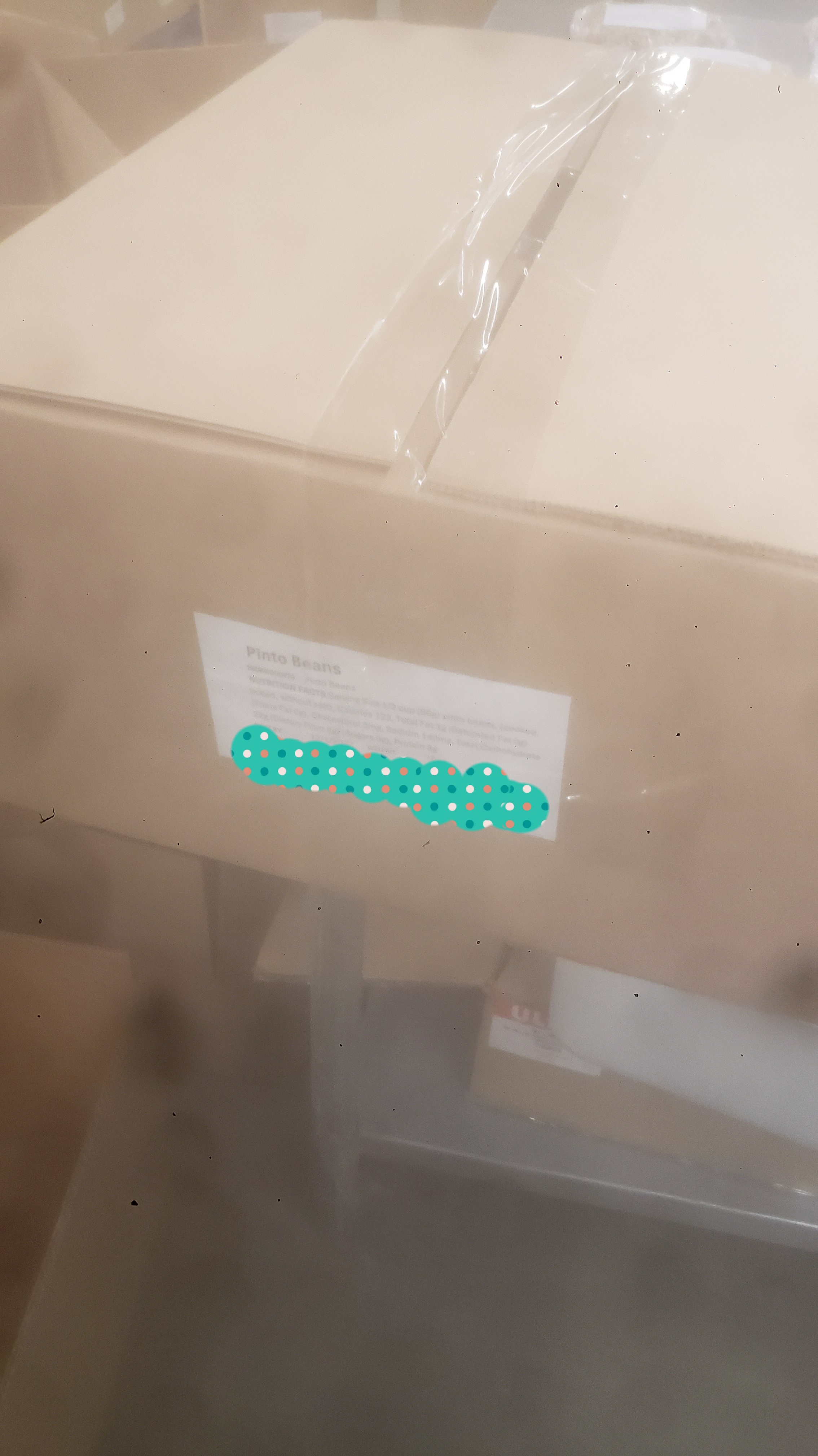 Taped shut cardboard box with the label for pinto beans.